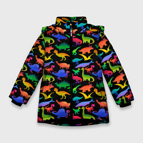 Зимняя куртка для девочек 3D с принтом Яркие динозавры в Курске, ткань верха — 100% полиэстер; подклад — 100% полиэстер, утеплитель — 100% полиэстер. | длина ниже бедра, удлиненная спинка, воротник стойка и отстегивающийся капюшон. Есть боковые карманы с листочкой на кнопках, утяжки по низу изделия и внутренний карман на молнии. 

Предусмотрены светоотражающий принт на спинке, радужный светоотражающий элемент на пуллере молнии и на резинке для утяжки. | дино | динозавры | диносы | разноцветные | хищные | цветные | юрский период