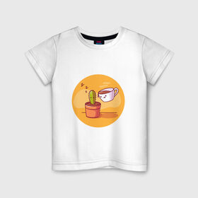 Детская футболка хлопок с принтом Кофе и Кактус в Курске, 100% хлопок | круглый вырез горловины, полуприлегающий силуэт, длина до линии бедер | кактус | кофе | мило | спит