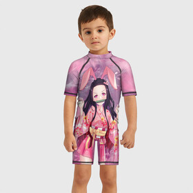 Детский купальный костюм 3D с принтом Незуко Камадо в Курске, Полиэстер 85%, Спандекс 15% | застежка на молнии на спине | demon slayer | kamado | kimetsu no aiba | nezuko | камадо | клинок | незуко | рассекающий демонов