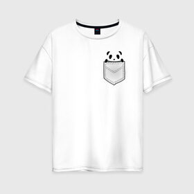 Женская футболка хлопок Oversize с принтом Панда В Кармане в Курске, 100% хлопок | свободный крой, круглый ворот, спущенный рукав, длина до линии бедер
 | animals | beats | head | panda | pocket | в кармане | голова | животные | звери | лапки | любовь | панда