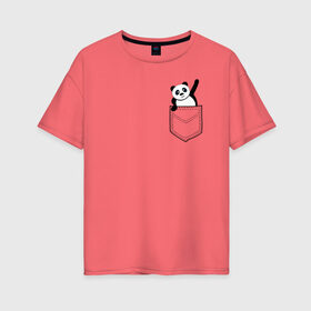 Женская футболка хлопок Oversize с принтом Панда В Кармане в Курске, 100% хлопок | свободный крой, круглый ворот, спущенный рукав, длина до линии бедер
 | 