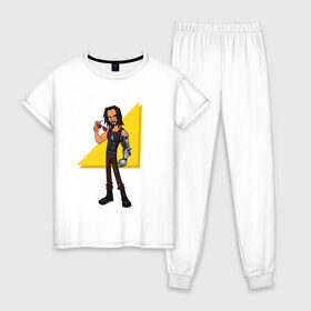 Женская пижама хлопок с принтом Джонни Сильверхенд в Курске, 100% хлопок | брюки и футболка прямого кроя, без карманов, на брюках мягкая резинка на поясе и по низу штанин | киану | киберпанк | ривз | сильверхэнд