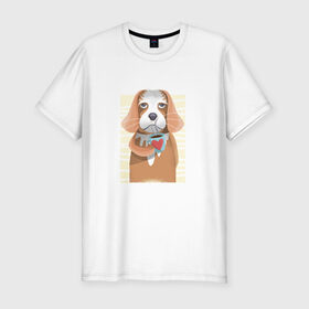 Мужская футболка хлопок Slim с принтом Собака с кофе в Курске, 92% хлопок, 8% лайкра | приталенный силуэт, круглый вырез ворота, длина до линии бедра, короткий рукав | animal | coffee | dog | pet | животные | кофе | любовь | напиток | пёс | сердце | собака