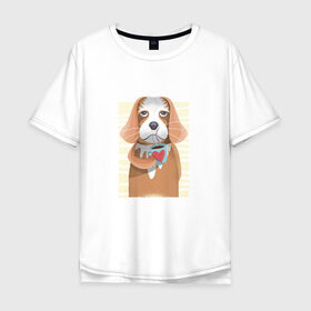 Мужская футболка хлопок Oversize с принтом Собака с кофе в Курске, 100% хлопок | свободный крой, круглый ворот, “спинка” длиннее передней части | animal | coffee | dog | pet | животные | кофе | любовь | напиток | пёс | сердце | собака
