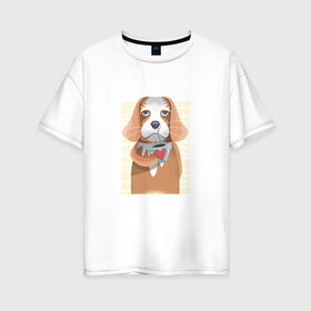 Женская футболка хлопок Oversize с принтом Собака с кофе в Курске, 100% хлопок | свободный крой, круглый ворот, спущенный рукав, длина до линии бедер
 | animal | coffee | dog | pet | животные | кофе | любовь | напиток | пёс | сердце | собака