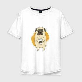 Мужская футболка хлопок Oversize с принтом Мопс с кофе в Курске, 100% хлопок | свободный крой, круглый ворот, “спинка” длиннее передней части | animal | coffee | cute | drink | morning | pet | pug | животное | кофе | мопс | напиток | собака