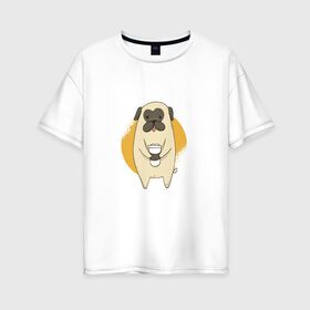 Женская футболка хлопок Oversize с принтом Мопс с кофе в Курске, 100% хлопок | свободный крой, круглый ворот, спущенный рукав, длина до линии бедер
 | animal | coffee | cute | drink | morning | pet | pug | животное | кофе | мопс | напиток | собака