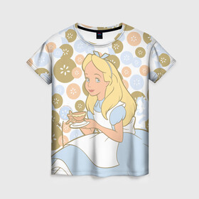 Женская футболка 3D с принтом Alice tea Time в Курске, 100% полиэфир ( синтетическое хлопкоподобное полотно) | прямой крой, круглый вырез горловины, длина до линии бедер | alice | alice in wonderland | vdosadir | алиса | алиса в стране чудес