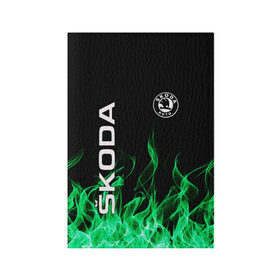 Обложка для паспорта матовая кожа с принтом SKODA в Курске, натуральная матовая кожа | размер 19,3 х 13,7 см; прозрачные пластиковые крепления | auto | fire | green | logo | skoda | vag | авто | ваг | водителям | зеленый | логотип | машины | огонь | шкода