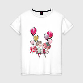 Женская футболка хлопок с принтом Парочка в Курске, 100% хлопок | прямой крой, круглый вырез горловины, длина до линии бедер, слегка спущенное плечо | букет цветов | валентин | первый поцелуй | свидание | шары