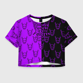 Женская футболка Crop-top 3D с принтом DEMON BLACK/PURPLE в Курске, 100% полиэстер | круглая горловина, длина футболки до линии талии, рукава с отворотами | fashion | fire | game | hip hop | rap | street style | top | игра | мода | огонь | рэп | топ | уличный стиль | хип хоп