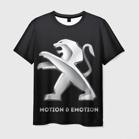 Мужская футболка 3D с принтом Motion & Emotion в Курске, 100% полиэфир | прямой крой, круглый вырез горловины, длина до линии бедер | Тематика изображения на принте: auto | emotion | motion | peugeot | sport | авто | лого | логотип | пежо | пижо | спорт