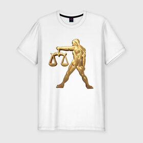 Мужская футболка хлопок Slim с принтом Весы в Курске, 92% хлопок, 8% лайкра | приталенный силуэт, круглый вырез ворота, длина до линии бедра, короткий рукав | libra | zodiac signs | весы | знаки зодиака | золотой рисунок