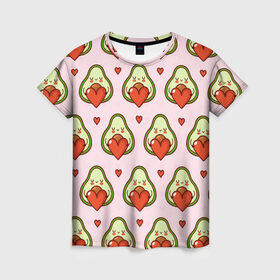 Женская футболка 3D с принтом Love Avocado в Курске, 100% полиэфир ( синтетическое хлопкоподобное полотно) | прямой крой, круглый вырез горловины, длина до линии бедер | 14 февраля | love | авокадо | вкусняшка | день святого валентина | еда | любовь | паттерн | сердечко