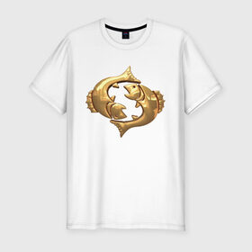 Мужская футболка хлопок Slim с принтом Рыбы в Курске, 92% хлопок, 8% лайкра | приталенный силуэт, круглый вырез ворота, длина до линии бедра, короткий рукав | fish | zodiac signs | знаки зодиака | золотой рисунок | рыбы