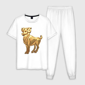 Мужская пижама хлопок с принтом Овен в Курске, 100% хлопок | брюки и футболка прямого кроя, без карманов, на брюках мягкая резинка на поясе и по низу штанин
 | aries | zodiac signs | знаки зодиака | золотой рисунок | овен