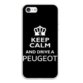 Чехол для iPhone 5/5S матовый с принтом Drive a Peugeot! в Курске, Силикон | Область печати: задняя сторона чехла, без боковых панелей | Тематика изображения на принте: car | keep calm | peugeot | авто | автомобиль | водитель | гонщик | королевский | король | корона | лев | любитель | марка | машина | пежо | подарок | рейсер | сохраняй спокойствие | тачка