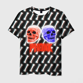 Мужская футболка 3D с принтом Phonk (ФОНК) Черепа в Курске, 100% полиэфир | прямой крой, круглый вырез горловины, длина до линии бедер | Тематика изображения на принте: phonk | кости | фонк | фонк рэп | черепа