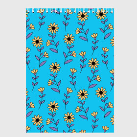 Скетчбук с принтом Желтые цветы на голубом фоне в Курске, 100% бумага
 | 48 листов, плотность листов — 100 г/м2, плотность картонной обложки — 250 г/м2. Листы скреплены сверху удобной пружинной спиралью | Тематика изображения на принте: 8 марта | flowers | summer | ботаническая иллюстрация | весна | желтый | лето | любовь | подсолнухи | праздник | принт | природа | растения | фиолетовый | цветы