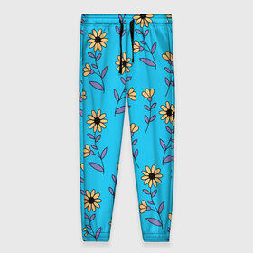 Женские брюки 3D с принтом Желтые цветы на голубом фоне в Курске, полиэстер 100% | прямой крой, два кармана без застежек по бокам, с мягкой трикотажной резинкой на поясе и по низу штанин. В поясе для дополнительного комфорта — широкие завязки | 8 марта | flowers | summer | ботаническая иллюстрация | весна | желтый | лето | любовь | подсолнухи | праздник | принт | природа | растения | фиолетовый | цветы