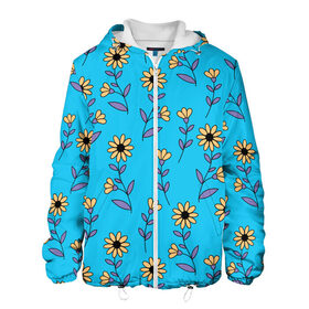Мужская куртка 3D с принтом Желтые цветы на голубом фоне в Курске, ткань верха — 100% полиэстер, подклад — флис | прямой крой, подол и капюшон оформлены резинкой с фиксаторами, два кармана без застежек по бокам, один большой потайной карман на груди. Карман на груди застегивается на липучку | 8 марта | flowers | summer | ботаническая иллюстрация | весна | желтый | лето | любовь | подсолнухи | праздник | принт | природа | растения | фиолетовый | цветы