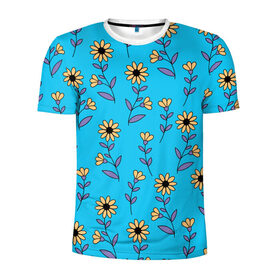 Мужская футболка 3D спортивная с принтом Желтые цветы на голубом фоне в Курске, 100% полиэстер с улучшенными характеристиками | приталенный силуэт, круглая горловина, широкие плечи, сужается к линии бедра | 8 марта | flowers | summer | ботаническая иллюстрация | весна | желтый | лето | любовь | подсолнухи | праздник | принт | природа | растения | фиолетовый | цветы