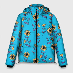 Мужская зимняя куртка 3D с принтом Желтые цветы на голубом фоне в Курске, верх — 100% полиэстер; подкладка — 100% полиэстер; утеплитель — 100% полиэстер | длина ниже бедра, свободный силуэт Оверсайз. Есть воротник-стойка, отстегивающийся капюшон и ветрозащитная планка. 

Боковые карманы с листочкой на кнопках и внутренний карман на молнии. | Тематика изображения на принте: 8 марта | flowers | summer | ботаническая иллюстрация | весна | желтый | лето | любовь | подсолнухи | праздник | принт | природа | растения | фиолетовый | цветы
