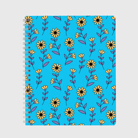 Тетрадь с принтом Желтые цветы на голубом фоне в Курске, 100% бумага | 48 листов, плотность листов — 60 г/м2, плотность картонной обложки — 250 г/м2. Листы скреплены сбоку удобной пружинной спиралью. Уголки страниц и обложки скругленные. Цвет линий — светло-серый
 | 8 марта | flowers | summer | ботаническая иллюстрация | весна | желтый | лето | любовь | подсолнухи | праздник | принт | природа | растения | фиолетовый | цветы