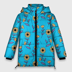 Женская зимняя куртка 3D с принтом Желтые цветы на голубом фоне в Курске, верх — 100% полиэстер; подкладка — 100% полиэстер; утеплитель — 100% полиэстер | длина ниже бедра, силуэт Оверсайз. Есть воротник-стойка, отстегивающийся капюшон и ветрозащитная планка. 

Боковые карманы с листочкой на кнопках и внутренний карман на молнии | 8 марта | flowers | summer | ботаническая иллюстрация | весна | желтый | лето | любовь | подсолнухи | праздник | принт | природа | растения | фиолетовый | цветы