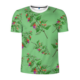 Мужская футболка 3D спортивная с принтом Фуксии на светло зеленом фоне в Курске, 100% полиэстер с улучшенными характеристиками | приталенный силуэт, круглая горловина, широкие плечи, сужается к линии бедра | 8 марта | flowers | summer | ботаническая иллюстрация | весна | зеленый | красный | лето | любовь | праздник | принт | природа | растения | фиолетовый | фуксия | цветы
