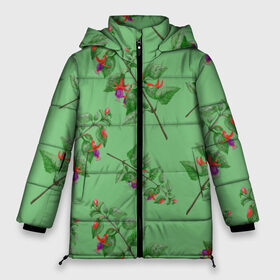 Женская зимняя куртка 3D с принтом Фуксии на светло зеленом фоне в Курске, верх — 100% полиэстер; подкладка — 100% полиэстер; утеплитель — 100% полиэстер | длина ниже бедра, силуэт Оверсайз. Есть воротник-стойка, отстегивающийся капюшон и ветрозащитная планка. 

Боковые карманы с листочкой на кнопках и внутренний карман на молнии | 8 марта | flowers | summer | ботаническая иллюстрация | весна | зеленый | красный | лето | любовь | праздник | принт | природа | растения | фиолетовый | фуксия | цветы