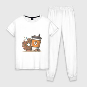 Женская пижама хлопок с принтом Сладкая жизнь в Курске, 100% хлопок | брюки и футболка прямого кроя, без карманов, на брюках мягкая резинка на поясе и по низу штанин | coffee | вкусняшки | кофе | пончик | сладости