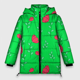 Женская зимняя куртка 3D с принтом Тюльпаны на салатовом фоне в Курске, верх — 100% полиэстер; подкладка — 100% полиэстер; утеплитель — 100% полиэстер | длина ниже бедра, силуэт Оверсайз. Есть воротник-стойка, отстегивающийся капюшон и ветрозащитная планка. 

Боковые карманы с листочкой на кнопках и внутренний карман на молнии | 8 марта | flowers | summer | ботаническая иллюстрация | весна | зеленый | красный | лето | листья | любовь | праздник | принт | природа | растения | салатовый | тюльпаны | цветы
