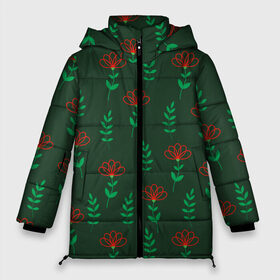 Женская зимняя куртка 3D с принтом Цветочки и зеленые листики в Курске, верх — 100% полиэстер; подкладка — 100% полиэстер; утеплитель — 100% полиэстер | длина ниже бедра, силуэт Оверсайз. Есть воротник-стойка, отстегивающийся капюшон и ветрозащитная планка. 

Боковые карманы с листочкой на кнопках и внутренний карман на молнии | 8 марта | flowers | summer | ботаническая иллюстрация | весна | зеленый | красный | лето | листья | любовь | праздник | принт | природа | растения | цветы