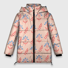 Женская зимняя куртка 3D с принтом Цветы и листья на бежевом фоне в Курске, верх — 100% полиэстер; подкладка — 100% полиэстер; утеплитель — 100% полиэстер | длина ниже бедра, силуэт Оверсайз. Есть воротник-стойка, отстегивающийся капюшон и ветрозащитная планка. 

Боковые карманы с листочкой на кнопках и внутренний карман на молнии | 8 марта | flowers | summer | абстракция | бежевый | ботаническая иллюстрация | весна | лето | листья | любовь | оранжевый | праздник | принт | природа | растения | синий | цветы