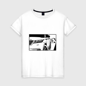 Женская футболка хлопок с принтом Range Rover Evoque Черно-белый в Курске, 100% хлопок | прямой крой, круглый вырез горловины, длина до линии бедер, слегка спущенное плечо | range rover evoque | горы | дорога | иллюстрация | колеса | машина | фары | черно белый