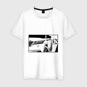 Мужская футболка хлопок с принтом Range Rover Evoque Черно-белый в Курске, 100% хлопок | прямой крой, круглый вырез горловины, длина до линии бедер, слегка спущенное плечо. | range rover evoque | горы | дорога | иллюстрация | колеса | машина | фары | черно белый