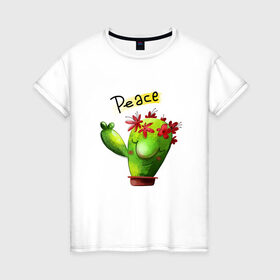 Женская футболка хлопок с принтом Кактус в Курске, 100% хлопок | прямой крой, круглый вырез горловины, длина до линии бедер, слегка спущенное плечо | вачка | иголки | мир | праздник | растения | семья | хиппи | цветы