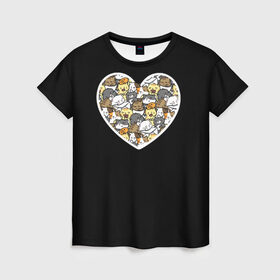 Женская футболка 3D с принтом Сердце из котят в Курске, 100% полиэфир ( синтетическое хлопкоподобное полотно) | прямой крой, круглый вырез горловины, длина до линии бедер | 14 февраля | день влюбленных | домашние животные | звери | киса | кот | котят | кошка | кошки | любовь | сердечко | сердце | черная
