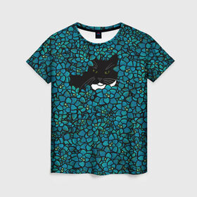 Женская футболка 3D с принтом Чёрная киса в Курске, 100% полиэфир ( синтетическое хлопкоподобное полотно) | прямой крой, круглый вырез горловины, длина до линии бедер | домашние животные | звери | киса | кисуля | кот | коты | кошка | кошки | синяя | цветочки | цветы | черный кот