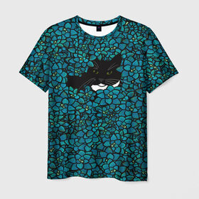 Мужская футболка 3D с принтом Чёрная киса в Курске, 100% полиэфир | прямой крой, круглый вырез горловины, длина до линии бедер | Тематика изображения на принте: домашние животные | звери | киса | кисуля | кот | коты | кошка | кошки | синяя | цветочки | цветы | черный кот