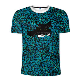Мужская футболка 3D спортивная с принтом Чёрная киса в Курске, 100% полиэстер с улучшенными характеристиками | приталенный силуэт, круглая горловина, широкие плечи, сужается к линии бедра | Тематика изображения на принте: домашние животные | звери | киса | кисуля | кот | коты | кошка | кошки | синяя | цветочки | цветы | черный кот