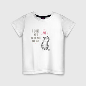Детская футболка хлопок с принтом Котик в Курске, 100% хлопок | круглый вырез горловины, полуприлегающий силуэт, длина до линии бедер | Тематика изображения на принте: кот | кошка | люблю тебя до луны и обратно | мяу | полосатый | хвостатый