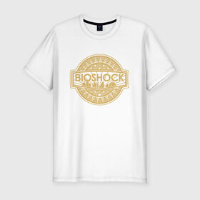 Мужская футболка хлопок Slim с принтом Bioshock Golden Logo в Курске, 92% хлопок, 8% лайкра | приталенный силуэт, круглый вырез ворота, длина до линии бедра, короткий рукав | bioshock infinite | little sister | биошок | большой папочка | винтаж | ретро | сестра