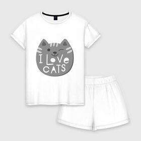 Женская пижама с шортиками хлопок с принтом I love cats в Курске, 100% хлопок | футболка прямого кроя, шорты свободные с широкой мягкой резинкой | animal | cat | i love cats | животное | зверь | кот | кошка | надписи | я люблю кошек