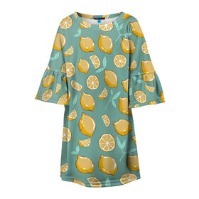 Детское платье 3D с принтом Lemon в Курске, 100% полиэстер | прямой силуэт, чуть расширенный к низу. Круглая горловина, на рукавах — воланы | Тематика изображения на принте: лето | лимоны | листья | паттерн | фрукты