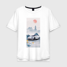 Мужская футболка хлопок Oversize с принтом Тесла в японском стиле в Курске, 100% хлопок | свободный крой, круглый ворот, “спинка” длиннее передней части | белый | горы | красный | машина | птицы | синий | солнце | тесла | фотошоп | цветы | япония