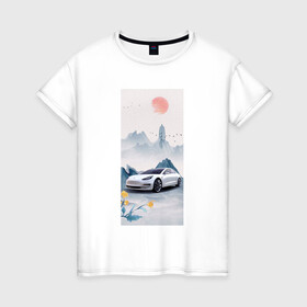 Женская футболка хлопок с принтом Тесла в японском стиле в Курске, 100% хлопок | прямой крой, круглый вырез горловины, длина до линии бедер, слегка спущенное плечо | белый | горы | красный | машина | птицы | синий | солнце | тесла | фотошоп | цветы | япония