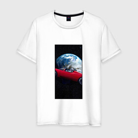 Мужская футболка хлопок с принтом Тесла в космосе в Курске, 100% хлопок | прямой крой, круглый вырез горловины, длина до линии бедер, слегка спущенное плечо. | Тематика изображения на принте: звезды | земля | космонавт | космос | красный | машина | облака | тесла