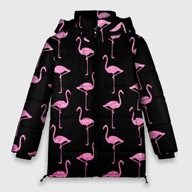 Женская зимняя куртка 3D с принтом Фламинго | Чёрная в Курске, верх — 100% полиэстер; подкладка — 100% полиэстер; утеплитель — 100% полиэстер | длина ниже бедра, силуэт Оверсайз. Есть воротник-стойка, отстегивающийся капюшон и ветрозащитная планка. 

Боковые карманы с листочкой на кнопках и внутренний карман на молнии | birds | drawing | fashion | feathers | flamingo | graphics | illustration | pink | stand | style | wings | youth | графика | иллюстрация | картинка | клюв | красивые | крылья | мода | молодежная | перья | птицы | рисунок | розовый | стиль | стоят